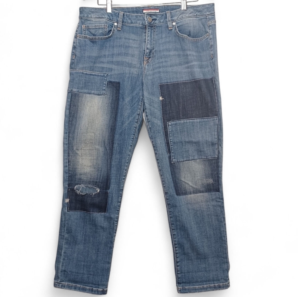 Tommy Hilfiger Women’s Boyfriend Patchwork Distressed Jeans Blue Sz 10 Relaxed